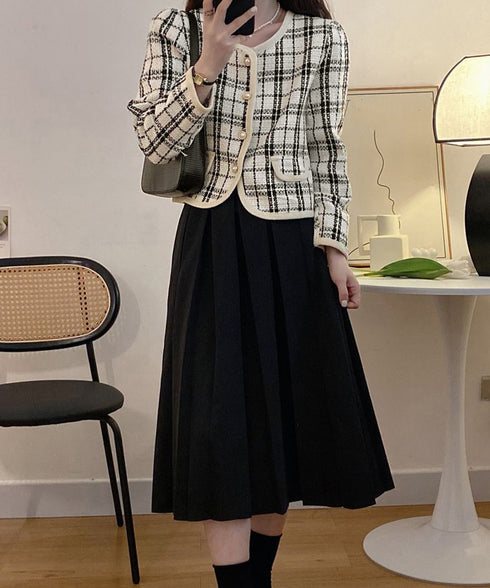 韓国風ツイードジャケット ライトアウター チェック柄ショートジャケットレディース カジュアル春秋上着 おしゃれ きれいめ 通勤服OL羽織り 着やせアウター 細見え 6QINGROU-002